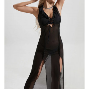 Costum de baie 3 piese, rochie lunga din voal cu crapaturi pe picioare, negru #BB2408 - Img 3