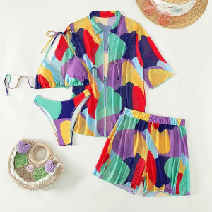 Costum de baie 4 piese cu camasa si pantalon scurt, imprimeu multicolor #BB2131 - Img 13