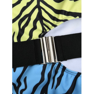 Costum de baie intreg cu decupaj, curea decorativa, imprimeu zebra, albastru/ verde neon #BB1170 - Img 11