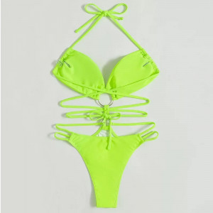 Costum de baie intreg cu decupaje, snururi decorative si spatele gol, verde neon #BB1030 - Img 3