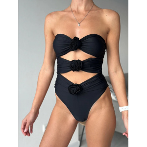 Costum de baie intreg fara bretele, cu decupaje si trandafiri decorativi, negru #BB1165 - Img 1