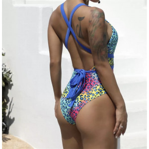 Costum de baie intreg sexy, cu decolteu adanc si spatele gol, imprimeu leopard, albastru/ multicolor #BB1062 - Img 3