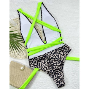 Costum de baie intreg versatil, decolteu adanc, imprimeu leopard, negru/ bej/ verde neon #BB1012 - Img 3