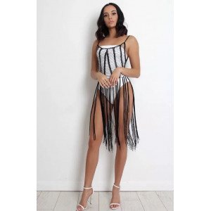 Rochie de plaja midi crosetata fin cu franjuri lungi si strasuri argintii, negru #BB1104 - Img 8