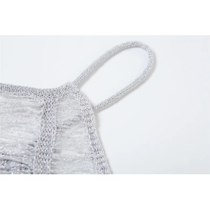 Rochie de plaja scurta crosetata fin, metalizata, franjuri orizontale, argintiu #BB1190 - Img 12