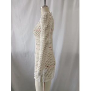 Rochie de plaja scurta tricotata, cu maneca lunga si spatele gol, alb #BB2044 - Img 6