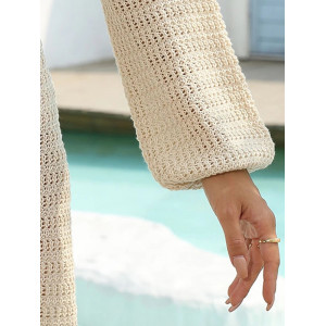 Rochie de plaja scurta tricotatata, cu maneci lungi evazate si decupaje, bej #BB1056 - Img 13