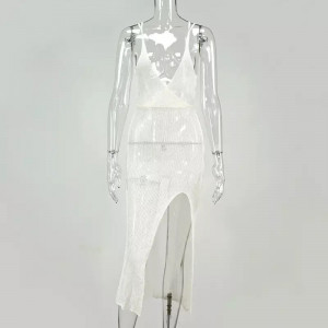 Rochie lunga de plaja, tricotata, cu decolteu, crapatura pe picior si spatele gol, alb #BB1147 - Img 14