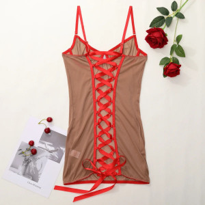 Rochie sexy de noapte din dantela fina elastica cu snur reglabil la spate, nude/rosu #BB4284 - Img 8