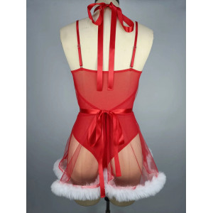 Set lenjerie intima craciunita sexy din datela fina elastica si puf alb decorativ, rosu, 2 piese #BB4373 - Img 10
