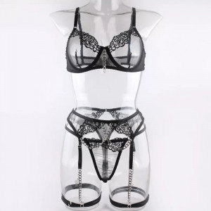 Set lenjerie intima se y din dantela brodata si lanturi decorative, negru, 4 piese #BB4003 - Img 12