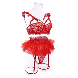 Set lenjerie intima sexy din dantela brodata cu insertii subtile aurii, rosu, 4 piese #BB4153 - Img 17