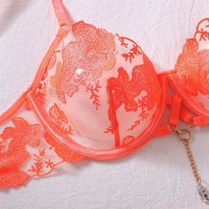Set lenjerie intima sexy din dantela brodata si elemente metalice decorative, portocaliu corai, 3 piese #BB4122 - Img 15