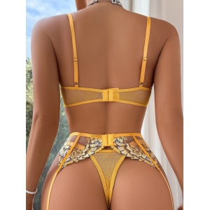 Set lenjerie intima sexy din dantela cu broderie alba, galben, 4 piese #BB4353 - Img 6