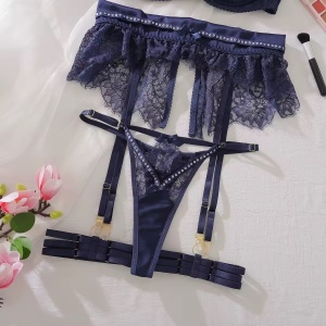 Set lenjerie intima sexy din dantelă cu broderie , albastru, 4 piese #BB4753 - Img 12