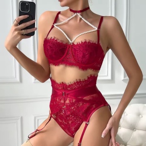 Set lenjerie intima sexy din dantelă cu perle decorative la sutien, vișiniu, 3 piese #BB4734 - Img 6