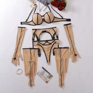 Set lenjerie intima sexy din dantela fina elastica cu manusi si ciorapi inalti, nude , 5 piese #BB4038 - Img 11