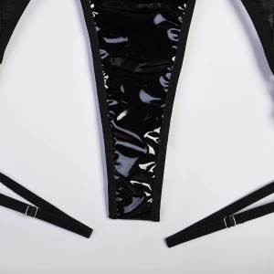 Set lenjerie intima sexy din dantela finala elastica si piele ecologica, negru, 5 piese #BB4196 - Img 15