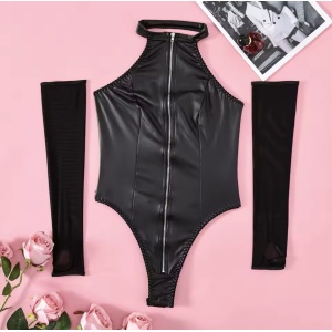 Set lenjerie intima sexy din piele ecologica, body cu fermoar si manusi lungi, negru, 2 piese #BB4266 - Img 8
