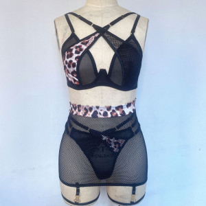 Set lenjerie intima sexy din plasa elastica cu insertii animal print, negru, 4 piese #BB4013 - Img 3