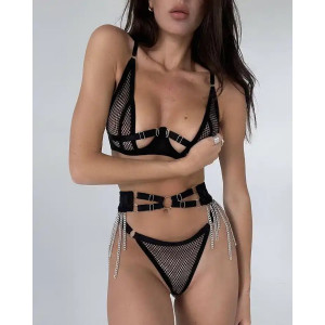  Set lenjerie sexy din dantela plasa, lanturi decorative, negru, 3 piese #BB4165 - Img 3