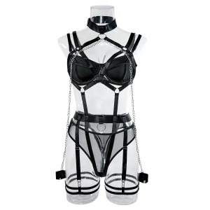 ❗Super Oferta❗Set lenjerie intima sexy cu benzi elastice, lant decorativ si catuse, negru, 4 piese #BB4268 - Img 15