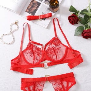 ❗️Super oferta❗️Set lenjerie intima sexy din dantela cu elemente metalice aurii, rosu, 5 piese #BB4594 - Img 14