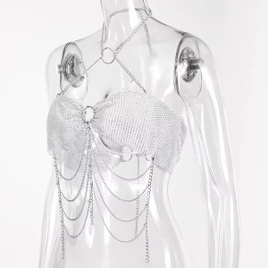Body chain tip bustiera cu lanturi si cristale, argintiu #BB4787 - Img 8