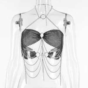 Body chain tip bustiera cu lanturi si cristale, negru #BB4049 - Img 12