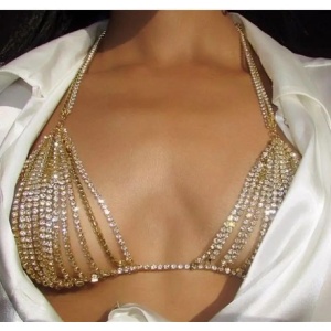 Body chain tip sutien metalic cu cristale transparente, auriu #BB4704 - Img 1