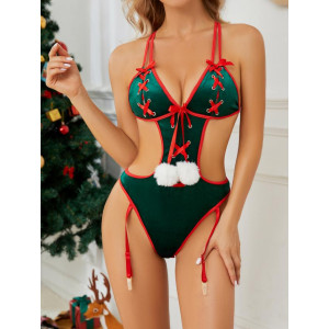 Body cu tematica spiridusa sexy din catifea, cu decupaje si snururi decorative, verde/ rosu#BB4348