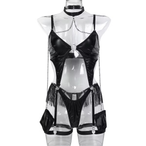 Body sexy din piele ecologica cu accesoriu maini tip catuse, negru, 3 piese #BB4678 - Img 14
