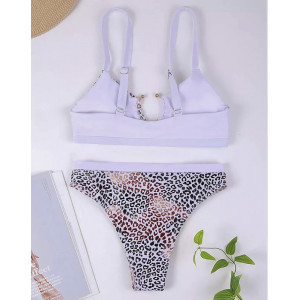 Costum de baie 2 piese brazilian cu imprimeu leopard, accesoriu metalic decorativ la sutien, alb #BB2019 - Img 4