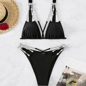 Costum de baie 2 piese cu decupaje, bretele si cristale decorative, negru #BB2101 - Img 8