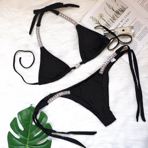 Costum de baie 2 piese cu elemente metalice si cristale decorative la slip si sutien, negru#BB2537 - Img 7
