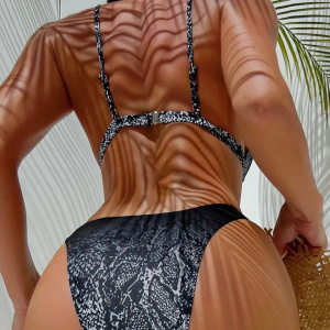 Costum de baie 2 piese cu imprimeu sarpe in degrade, negru #BB2378 - Img 3