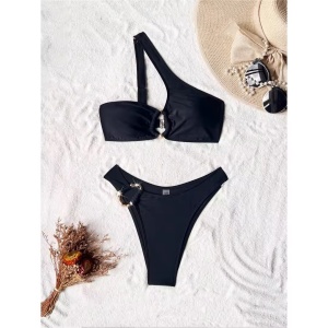 Costum de baie 2 piese cu sutien pe un umăr și accesorii metalice decorative , negru #BB2179 - Img 4