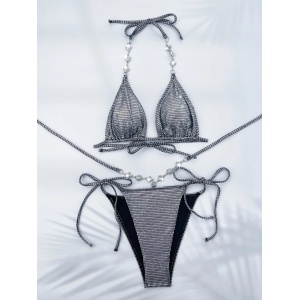 Costum de baie 2 piese metalizat cu decupaje la slip si cristale decorative, argintiu #BB2076 - Img 2