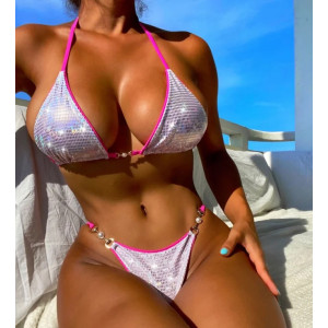 Costum de baie 2 piese metalizat cu insertii roz fucsia si perle decorative, argintiu #BB2359 - Img 1