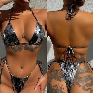 Costum de baie 2 piese metalizat, slip tanga reglabil, imprimeu sarpe, negru/argintiu #BB2353 - Img 2