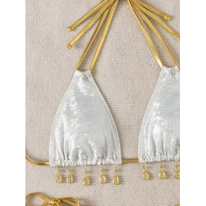 Costum de baie 2 piese sidefat cu snururi aurii decorative la slip si sutien, alb/ auriu #BB2295 - Img 6