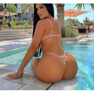 Costum de baie 2 piese sidefat, slip tanga cu cristale decorative la spate, alb sidefat #BB2441 - Img 8