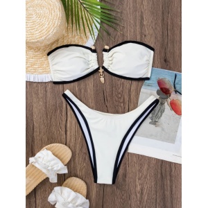 Costum de baie 2 piese, sutien fara bretele cu accesoriu metalic auriu , bej/nude #BB2120 - Img 9