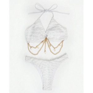 Costum de baie 2 piese texturat cu lantisoare aurii decorative, alb #BB2515 - Img 3