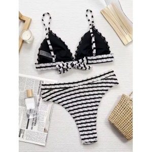 Costum de baie 2 piese texturat, in dungi, slip cu talie inalta, alb/negru #BB2355 - Img 3