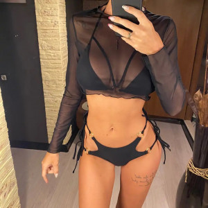 Costum de baie 3 piese cu bluza din voal elastic, slip reglabil cu cercuri metalice, negru #BB2283 - Img 4