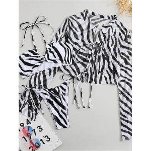 Costum de baie 3 piese cu bluza, slip tanga, imprimeu zebra, alb/negru #BB2352 - Img 14