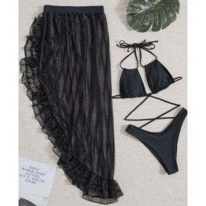  Costum de baie 3 piese cu fista lunga crapata pe picior, negru #BB2022 - Img 2