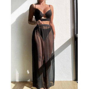 Costum de baie 3 piese cu fusta lunga, sutien tip bustiera cu cupe tari din burete, negru #BB2100 - Img 2