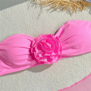 Costum de baie 3 piese cu fusta scurta, sutien fara bretele si trandafiri mari decorativi, roz #BB2052 - Img 4